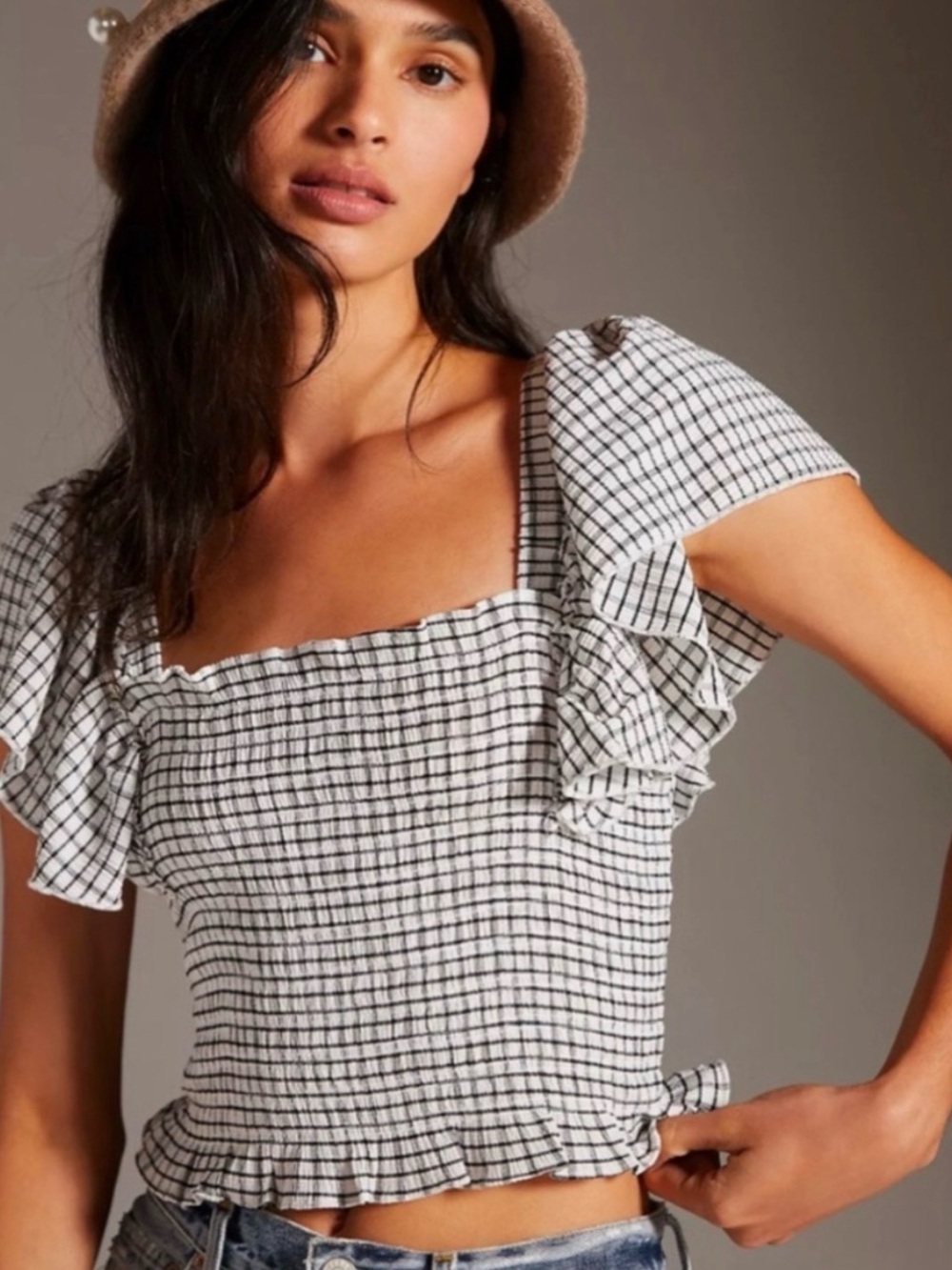 Anthropologie Black & White Smocked Square-Neck Ruffle Crop Top